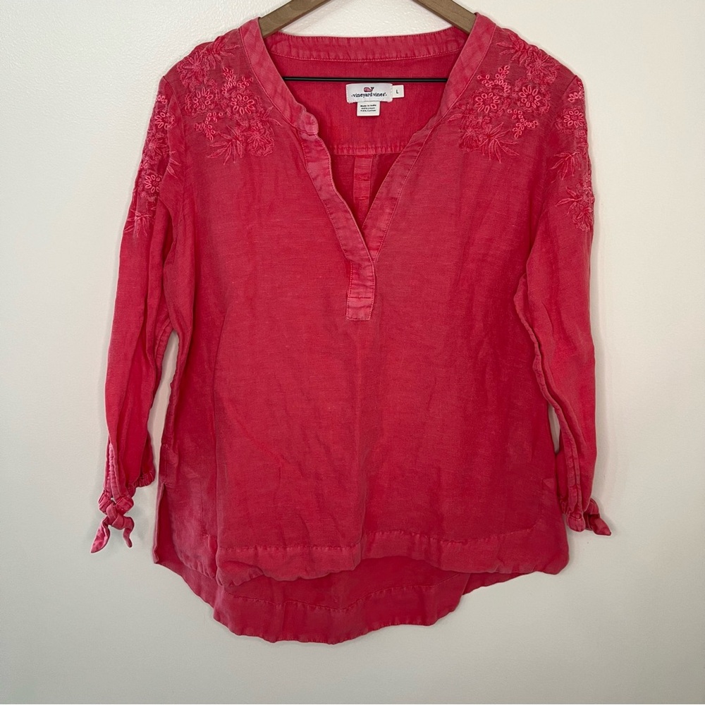 Vineyard Vines Pink Blouse 3/4 Sleeve Linen Blend Women's Size Large Pink Spring
